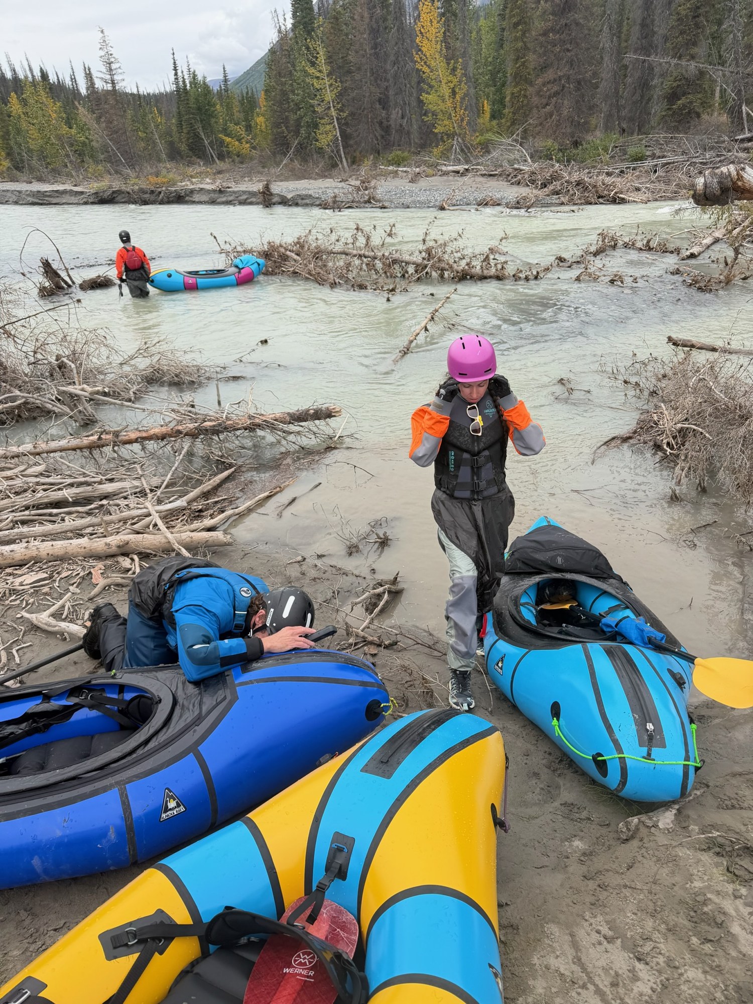 Packrafts and adventure gear on an Alaska riverbank